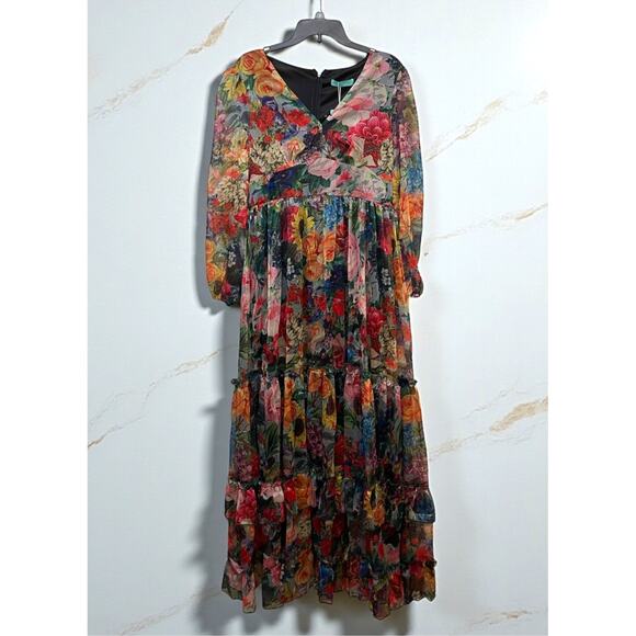 Floral Boho Dress Maxi Sheer Lined Whimsical Fairycore v-neck size XL Toleen New - Picture 3 of 5